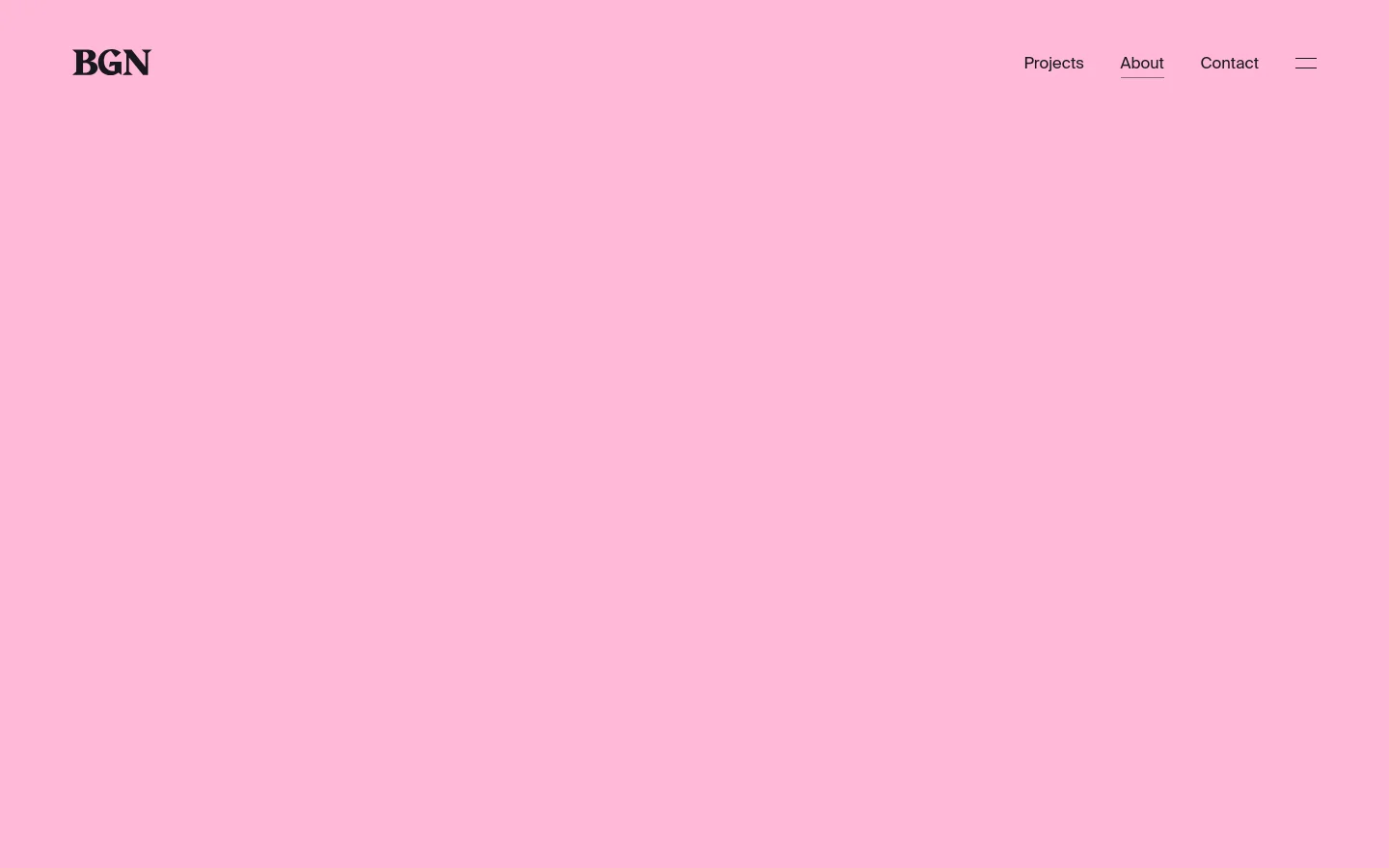The About page features a minimalist design with a large pink background and black typography. The desktop layout includes a navigation menu at the top right with links for Projects, About, and Contact, alongside a hamburger menu icon. Large, bold text headlines dominate the hero section, followed by sections describing the agency's approach and a grid of client logos.