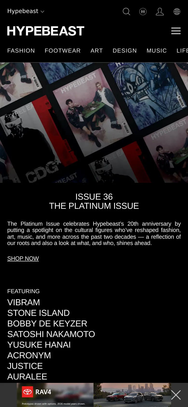 The mobile version presents a simplified layout with a condensed header containing a hamburger menu, the Hypebeast logo, and icons for search, user account, and language. The hero section displays the magazine cover collage, followed by the 'THE PLATINUM ISSUE' headline, description, and 'SHOP NOW' link, with featured names listed vertically below.