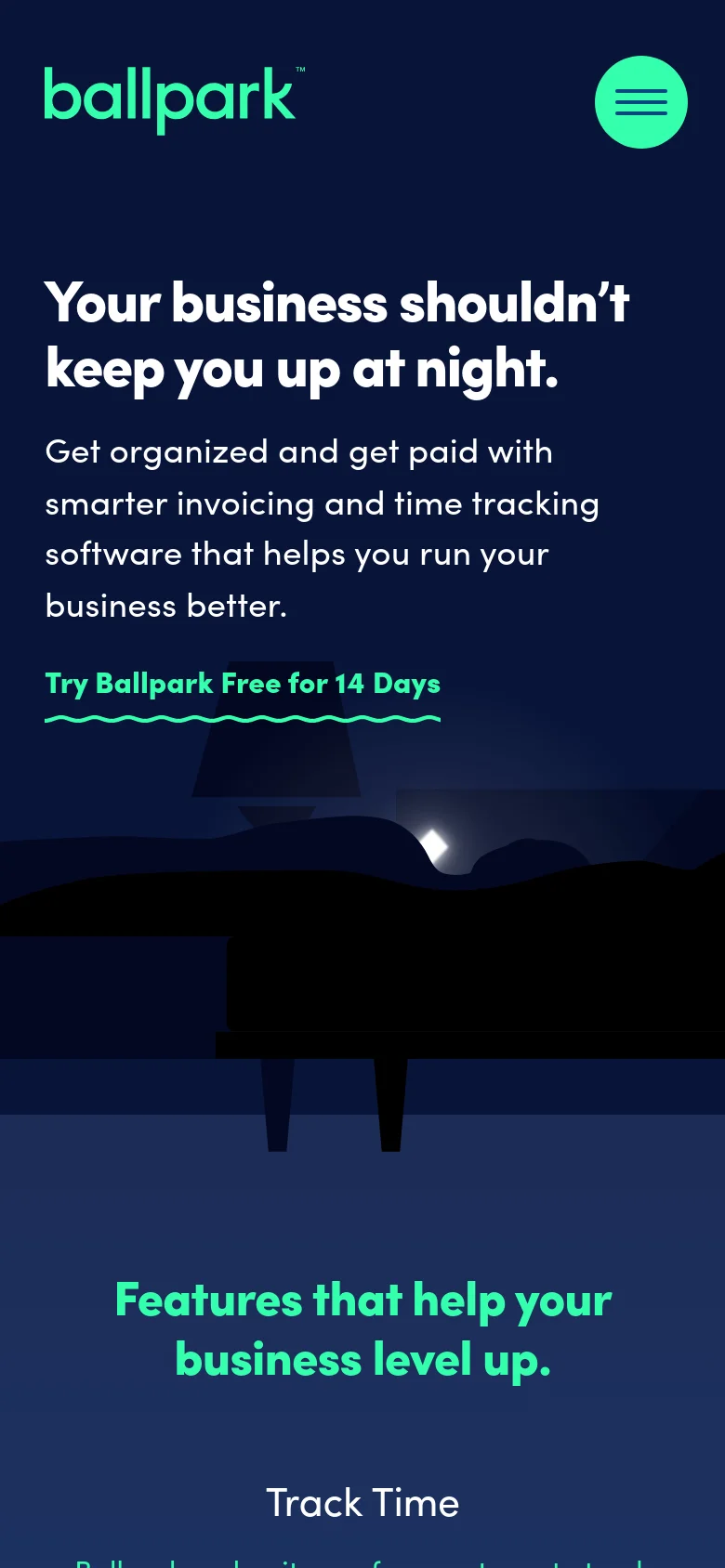 The mobile version uses a single-column layout with a dark navy theme. The header features the Ballpark logo and a teal hamburger menu icon. The hero section displays the main headline and a teal underlined call to action button, followed by a section titled 'Features that help your business level up' on a slightly lighter blue background.