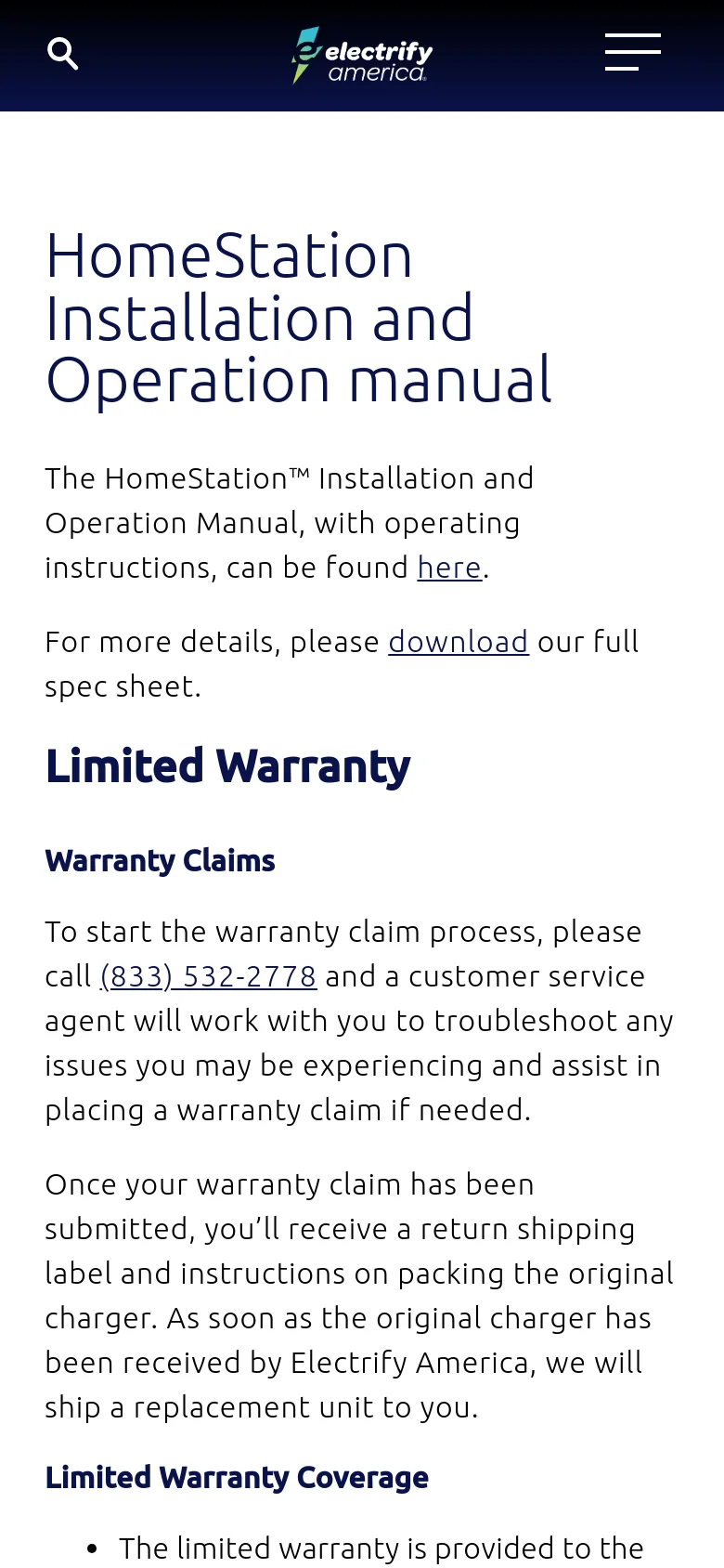 The mobile version presents a simplified vertical layout with a dark blue header containing a hamburger menu icon, the Electrify America logo, and a search icon. The content follows a single-column format with large, legible headings and text that spans the width of the screen, optimized for vertical scrolling on a smartphone.