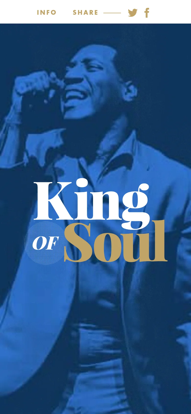 The mobile version presents a vertically oriented, zoomed-in view of the blue-toned Otis Redding hero image to fit the narrow screen. The 'King OF Soul' typography remains prominent in the center, while the top navigation bar is condensed to maintain a clean, single-column aesthetic.