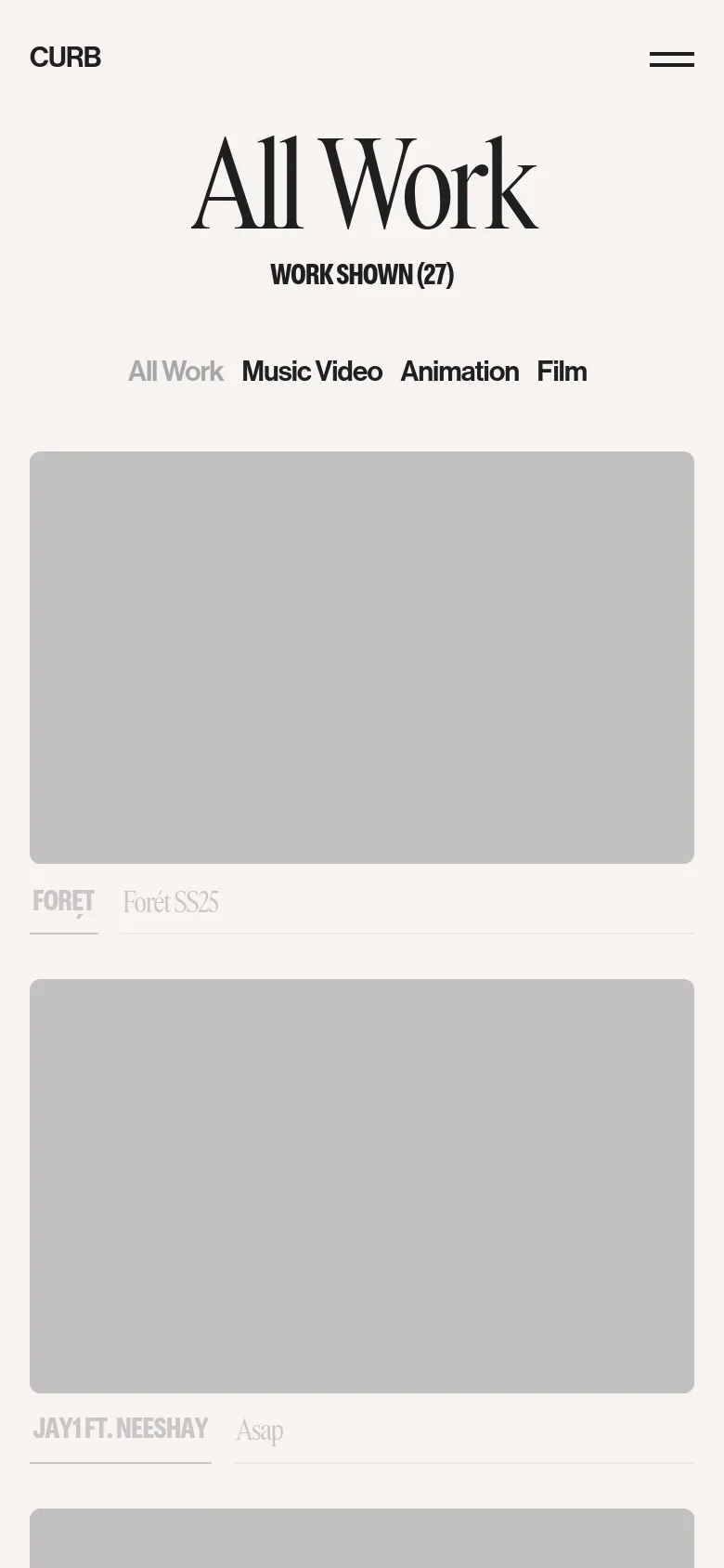 The mobile version presents a centered, vertical layout with the 'All Work' headline and project count prominently displayed. The navigation menu is condensed into a hamburger icon, and the category filters are arranged in a single horizontal row above a single-column stack of large project thumbnails.