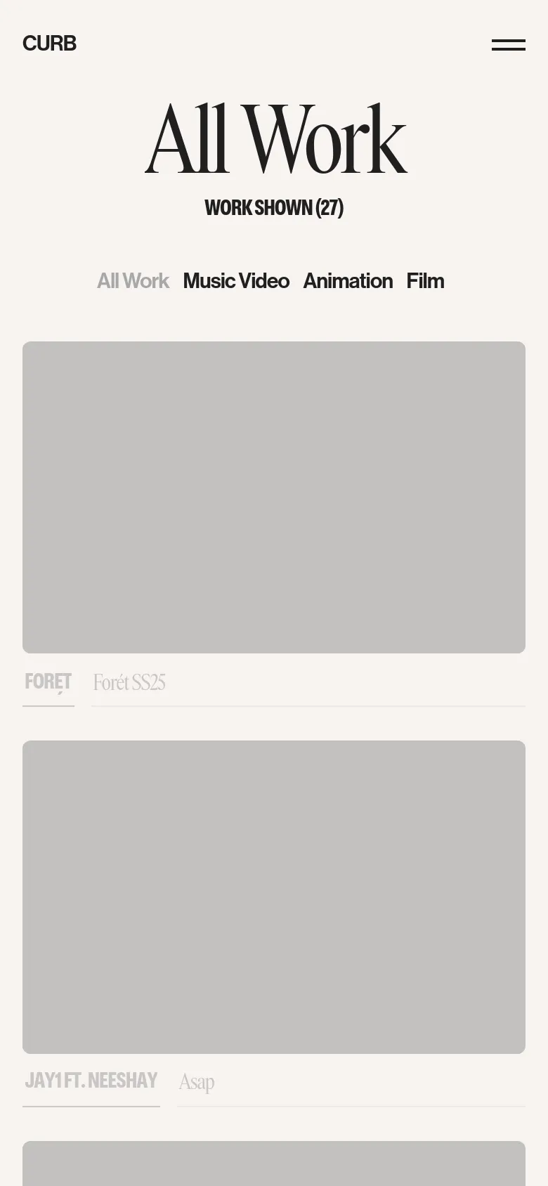 The mobile version presents a centered, vertical layout with the 'All Work' headline and project count prominently displayed. The navigation menu is condensed into a hamburger icon, and the category filters are arranged in a single horizontal row above a single-column stack of large project thumbnails.