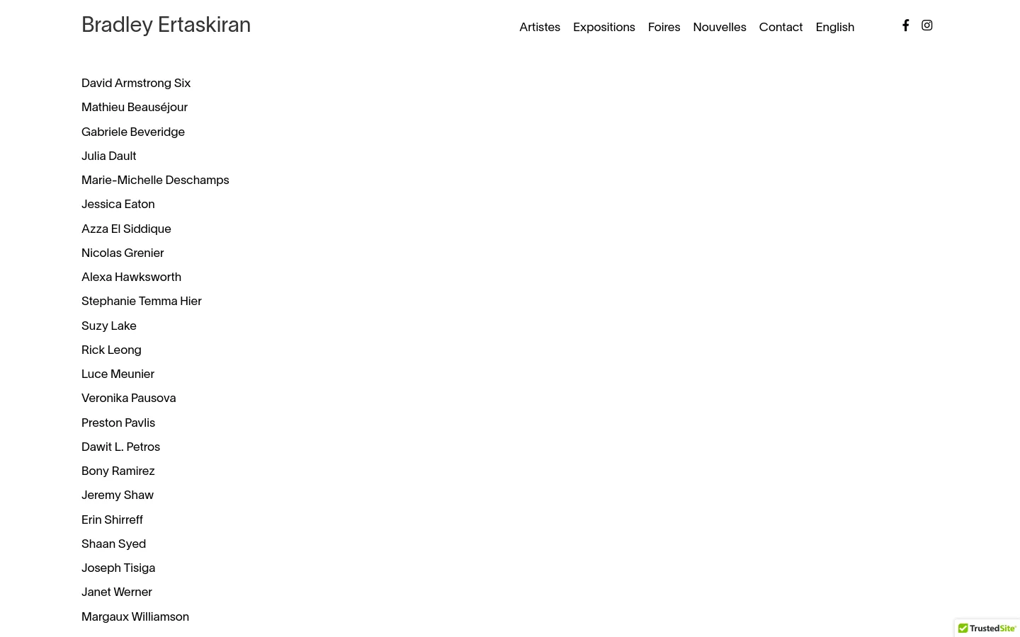 The desktop version of the Artistes page features a clean, minimalist white layout with the Bradley Ertaskiran logo on the top left. A horizontal navigation menu is on the top right, followed by a long vertical list of artist names in black text. Social media icons for Facebook and Instagram are positioned in the top right corner.