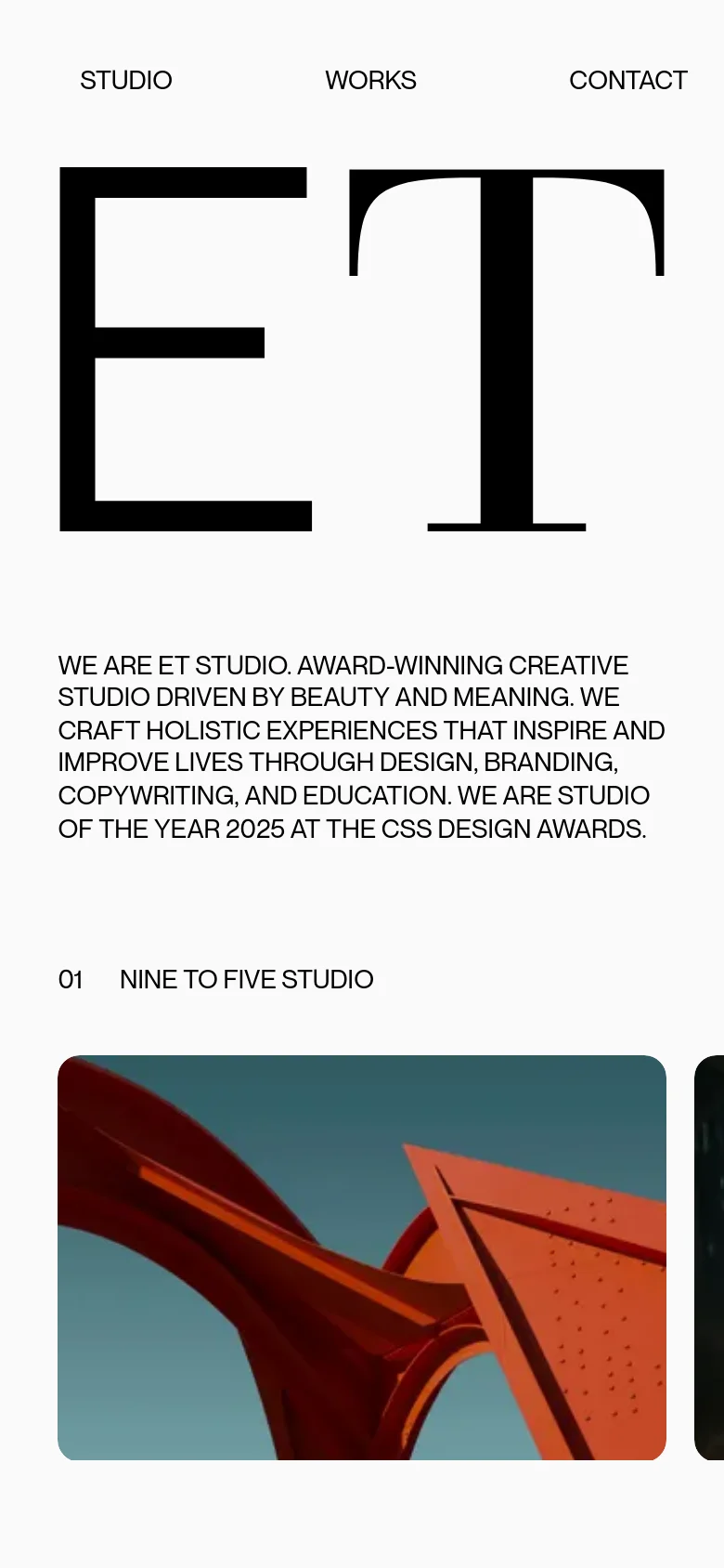 The mobile version presents a vertically stacked layout with the 'ET' logo prominently centered at the top, followed by navigation links. The introductory text appears above a single-column grid of large, full-width project images, maintaining the minimalist black-and-white aesthetic of the desktop version.