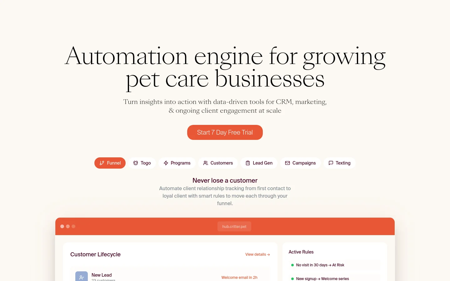 The desktop homepage features a clean, minimalist design with a cream background and dark serif typography. The hero section displays the headline 'Automation engine for growing pet care businesses' above a prominent orange 'Start 7 Day Free Trial' button, followed by a horizontal row of feature icons and a dashboard preview showing customer lifecycle data.
