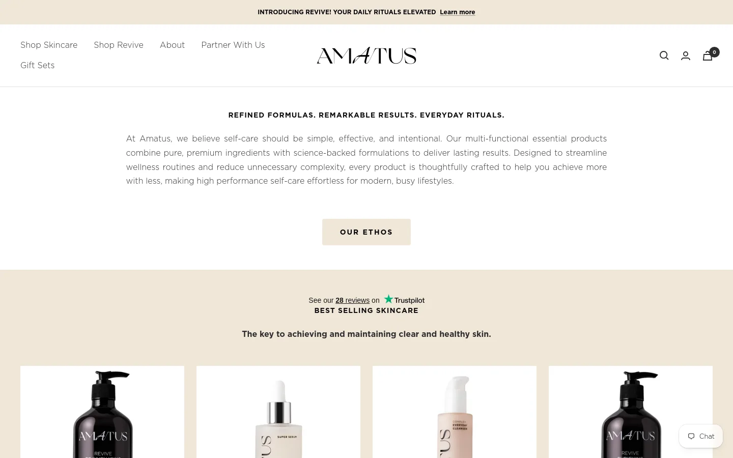 The desktop homepage features a minimalist design with a white and cream color palette. A large hero image is followed by the headline 'Simple. Effective. Elevated.' and a 'Shop Now' button, leading into a section about the brand's ethos and a grid of best-selling skincare products including lotions, serums, and cleansers.