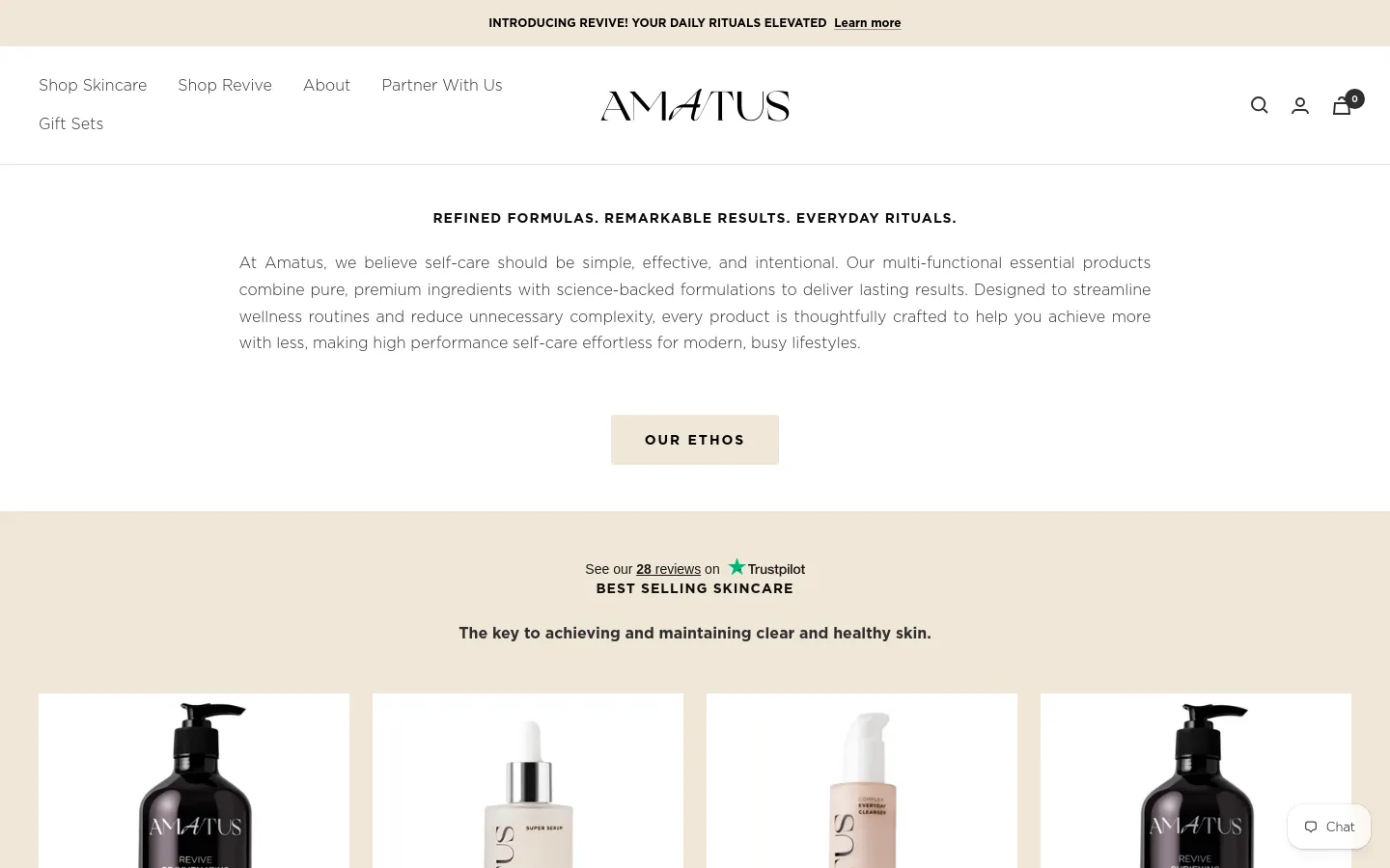 The desktop homepage features a minimalist design with a white and cream color palette. A large hero image is followed by the headline 'Simple. Effective. Elevated.' and a 'Shop Now' button, leading into a section about the brand's ethos and a grid of best-selling skincare products including lotions, serums, and cleansers.
