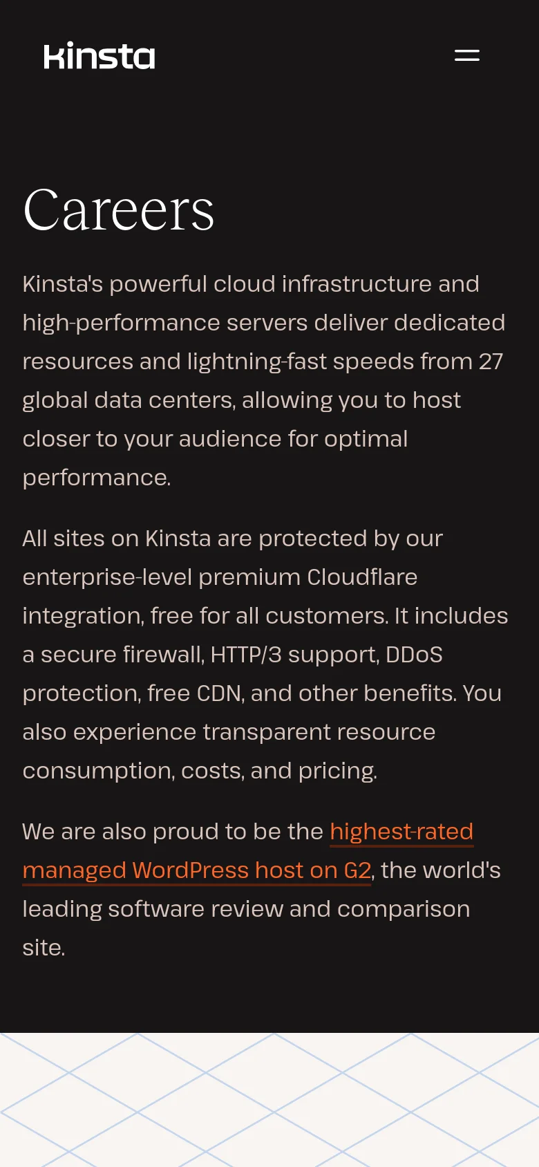 The mobile version simplifies the layout to a single column on a dark background, focusing on the 'Careers' headline and descriptive text. The top navigation is condensed into a hamburger menu icon next to the Kinsta logo, and the red geometric accent is less prominent to prioritize readability on a smaller screen.