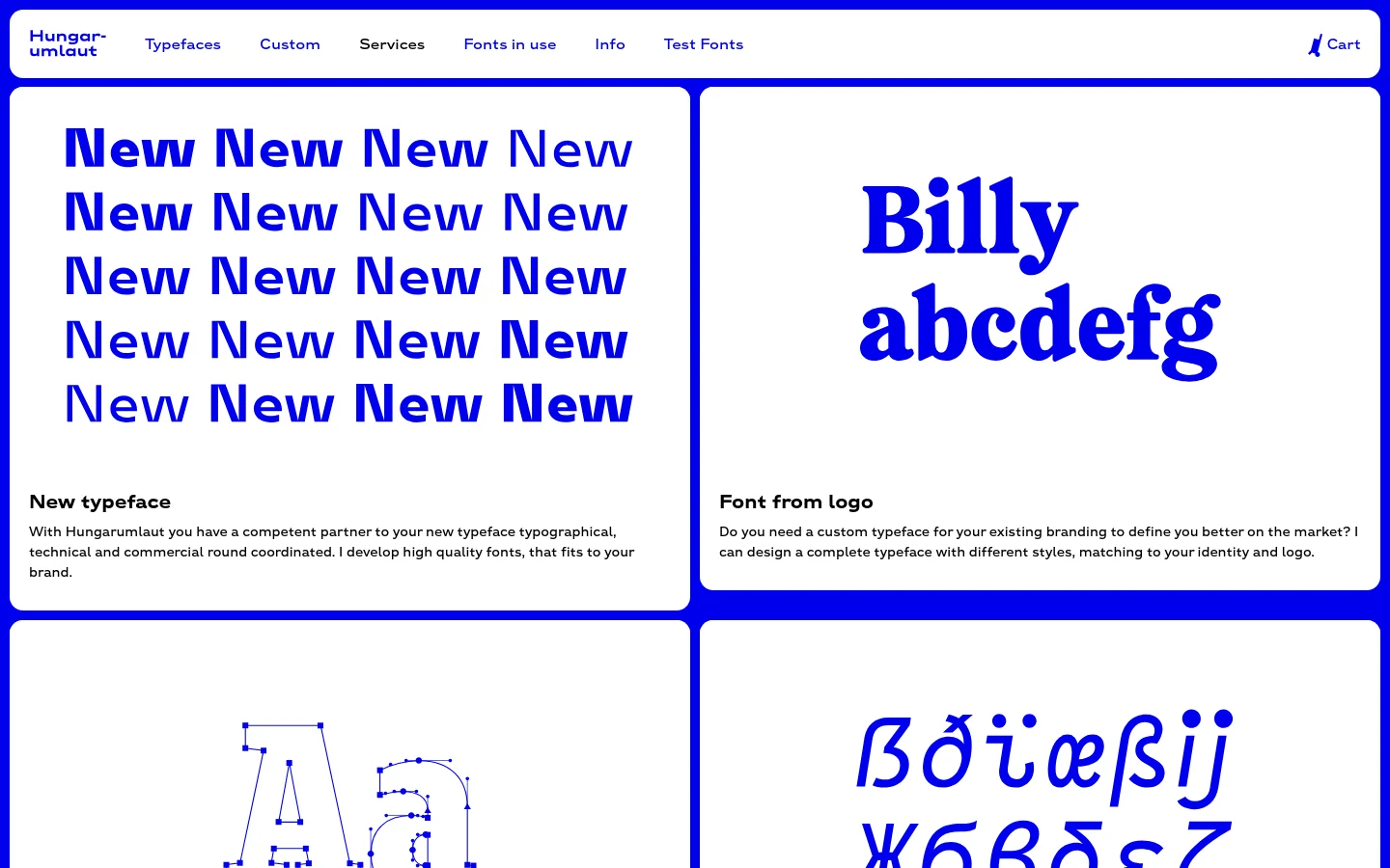 The desktop Services page features a clean, white background with a blue navigation bar at the top containing links for Typefaces, Custom, Services, Fonts in use, Info, and Test Fonts. The layout uses a grid of large, bold blue typography and minimalist SVG icons to showcase service sections like New typeface, Font from logo, and Font engineering. Each section consists of a large graphic element paired with a bold headline and a brief descriptive paragraph.