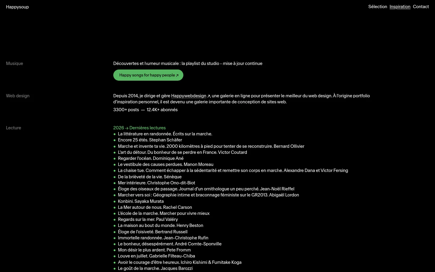 The Inspiration page features a minimalist dark layout with white and green text. It is divided into three sections: Musique with a green button for a Spotify playlist, Web design with a link to Happywebdesign, and Lecture which lists several book titles in a green bulleted list.