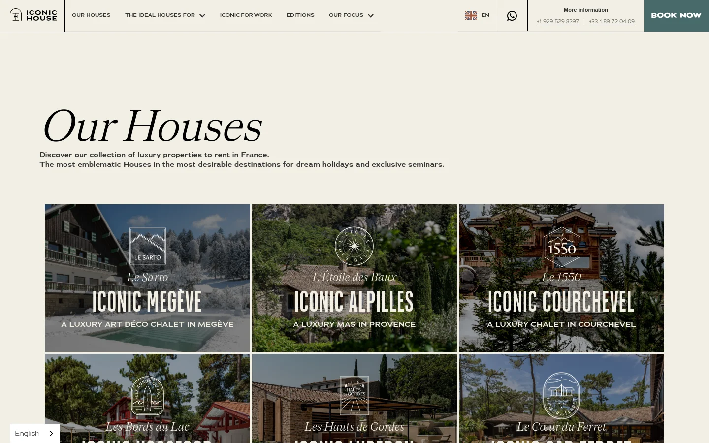 The desktop page features a minimalist cream background with a large serif headline 'Our Houses' and a subheadline about luxury properties in France. Below the text, a grid of large, high-quality photographic tiles showcases different properties like 'Iconic Megève' and 'Iconic Alpilles,' each overlaid with a white logo and descriptive text. The navigation bar at the top includes links for 'Our Houses,' 'The Ideal Houses,' and 'Iconic For Work,' alongside language and contact options.