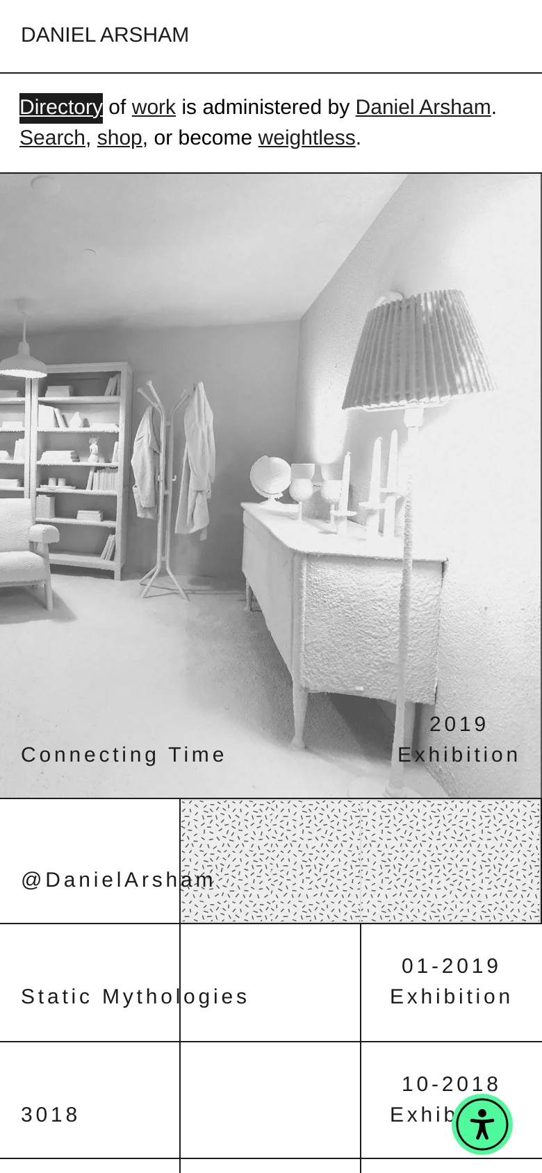 The mobile version maintains the minimalist aesthetic but presents content in a vertical stack. The header contains the artist's name and navigation links, followed by the large grayscale sculptural image, and then the exhibition list which is optimized for a narrower screen.