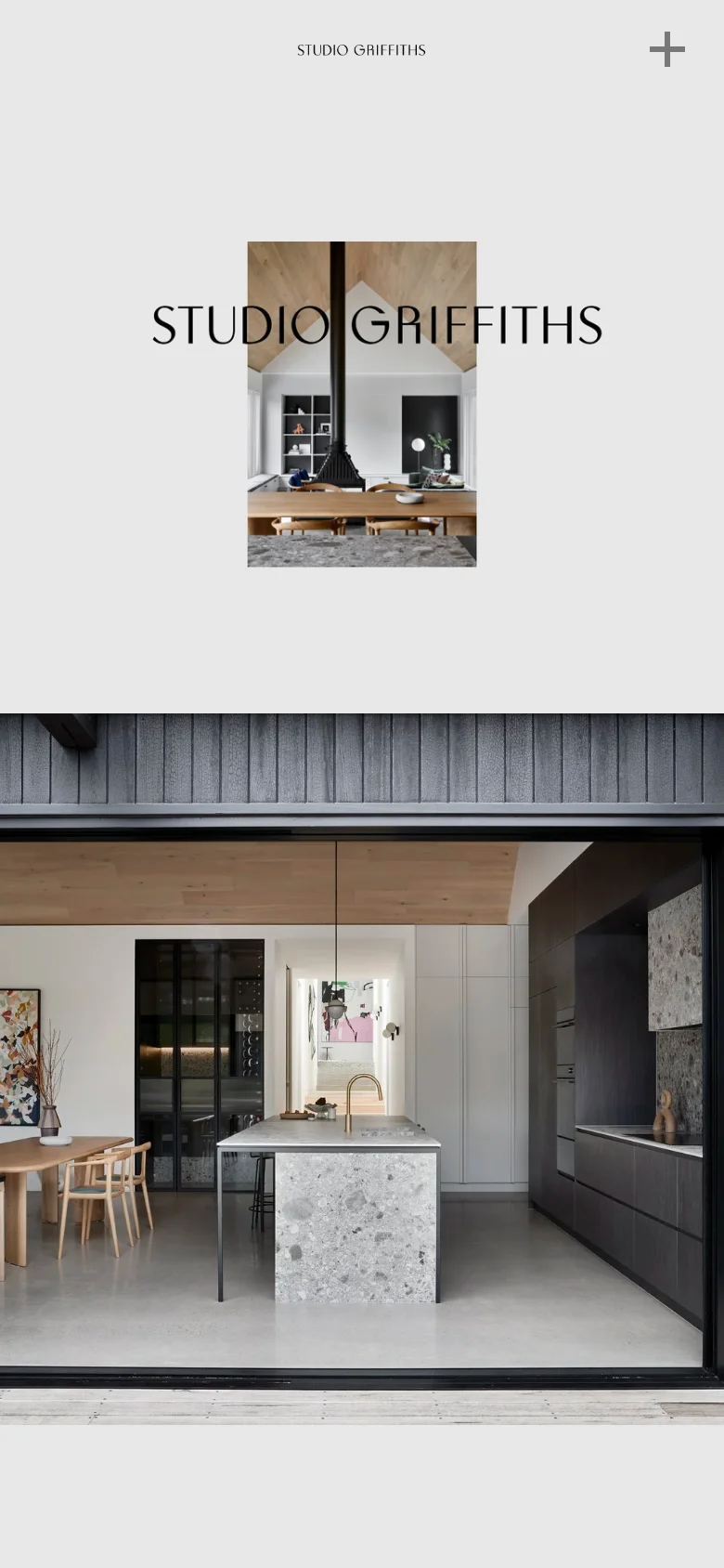The mobile version presents a simplified vertical layout with the 'STUDIO GRIFFITHS' logo and a smaller hero image centered at the top. A large plus icon serves as the primary navigation element in the top right corner, and the content transitions into a full-width image of a modern kitchen and dining area below.