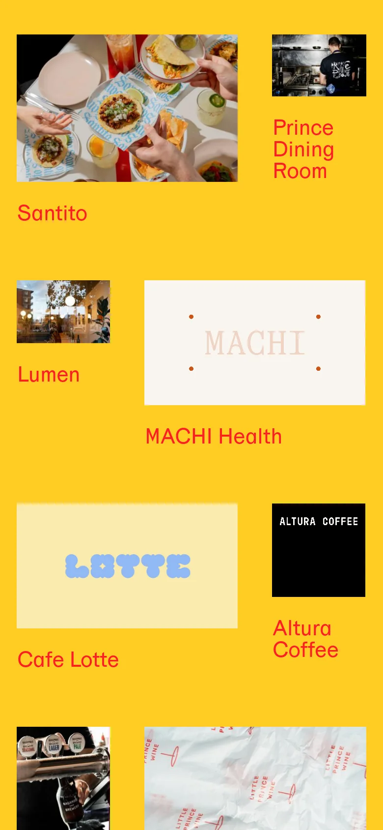 The mobile version of the Susu Studio homepage uses a single-column vertical layout on a yellow background. Project images and titles, such as Santito and Prince Dining Room, are stacked vertically for easier scrolling on smaller screens.