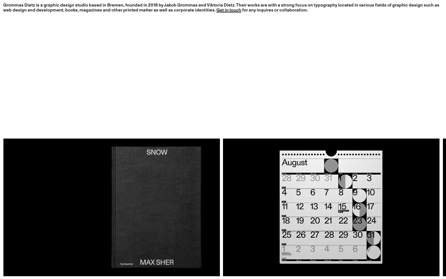 The desktop homepage features a minimalist black background with a vertical feed of large, high-quality project images showcasing editorial design for 'Snow' by Max Sher. Each image is accompanied by descriptive typography below it, and the studio's contact information is located at the bottom of the page.