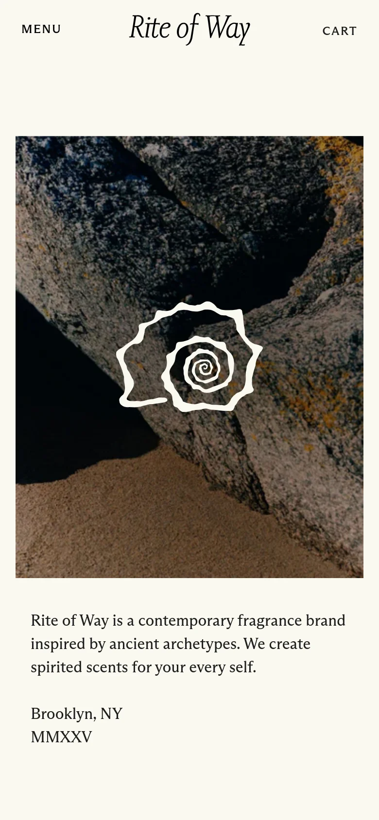 The mobile version uses a stacked layout where the large rock image with the white rose icon occupies the top half of the screen. Below the image, the brand description and location text are centered on a plain white background. The navigation is condensed into a 'Menu' link on the left and a 'Cart' link on the right, with the brand logo centered between them.