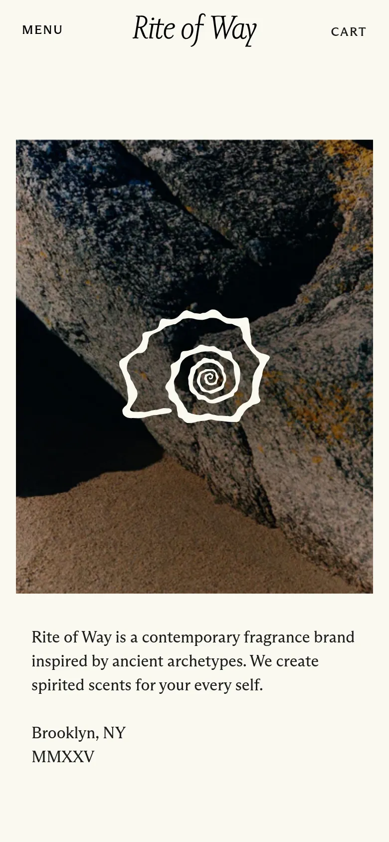 The mobile version uses a stacked layout where the large rock image with the white rose icon occupies the top half of the screen. Below the image, the brand description and location text are centered on a plain white background. The navigation is condensed into a 'Menu' link on the left and a 'Cart' link on the right, with the brand logo centered between them.
