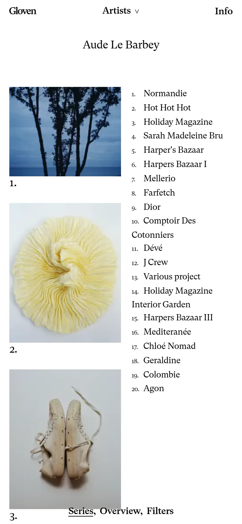 The mobile version maintains the white minimalist aesthetic but shifts to a single-column vertical layout. The project images and the numbered list of titles are stacked vertically, making the content easier to scroll through on a smaller screen.
