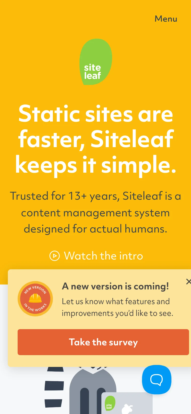 The mobile version uses the same yellow hero section and headline but scales the text and layout vertically for a narrow screen. The navigation links are hidden behind a 'Menu' button, and a prominent survey pop-up appears at the bottom of the screen.