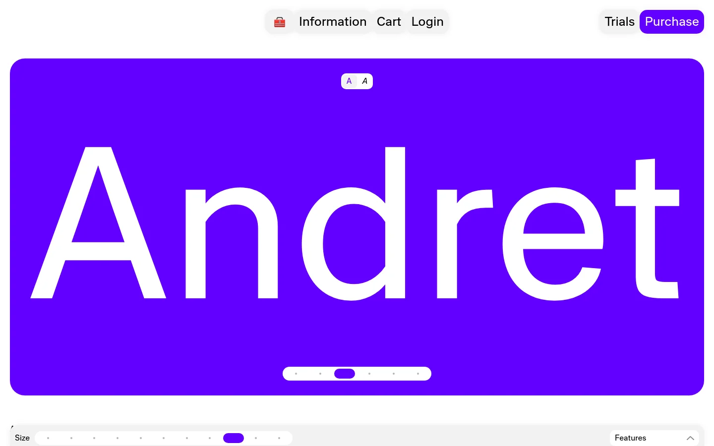 A desktop webpage for the Andret typeface featuring a large purple hero section with the word 'Andret' in white text. Below the hero, a navigation bar includes options for Information, Cart, Login, Trials, and a purple Purchase button. A slider for font size and a features dropdown are visible at the bottom.