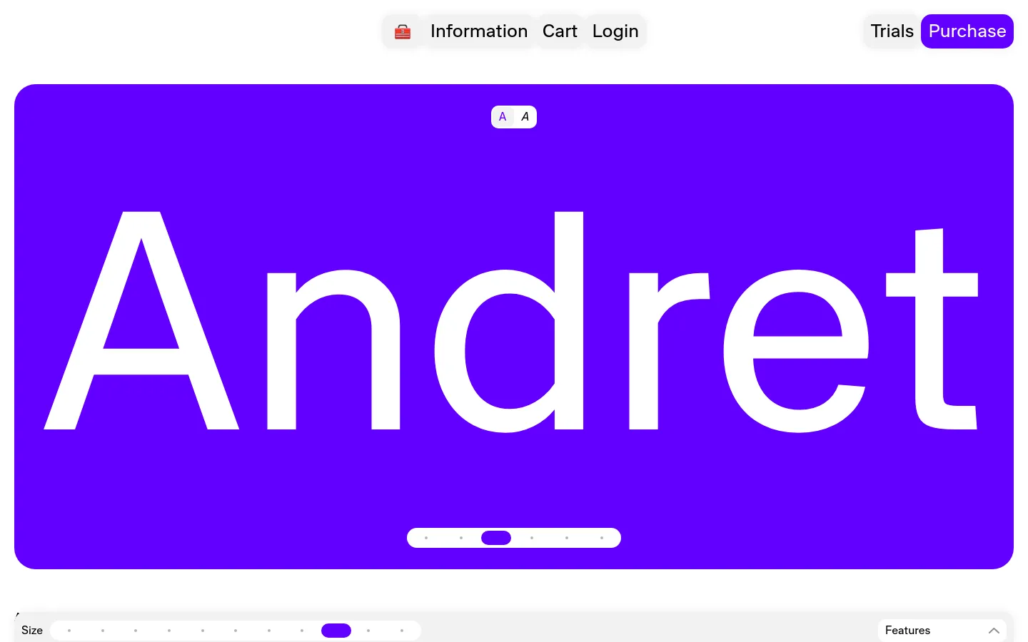 A desktop webpage for the Andret typeface featuring a large purple hero section with the word 'Andret' in white text. Below the hero, a navigation bar includes options for Information, Cart, Login, Trials, and a purple Purchase button. A slider for font size and a features dropdown are visible at the bottom.