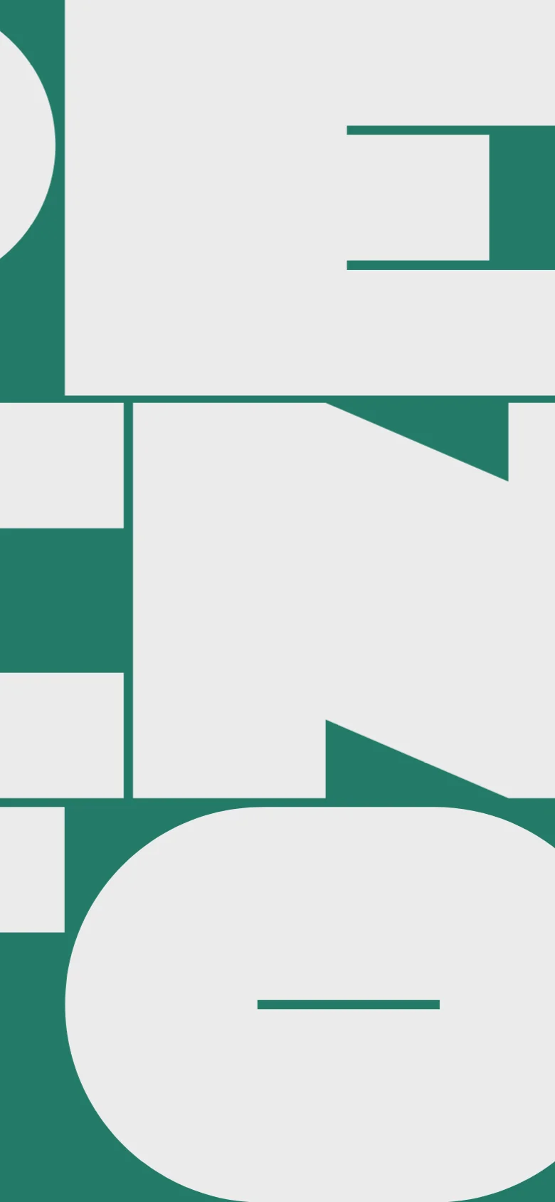 The mobile version maintains the minimalist aesthetic but shifts the layout to a vertical stack. The large teal and grey geometric pattern dominates the top of the screen, followed by the navigation menu and contact information below it.