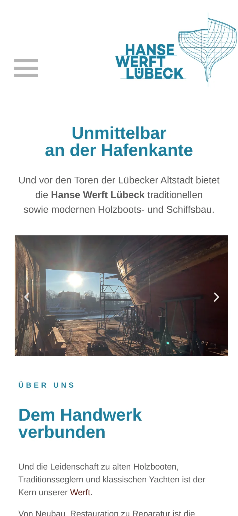 The mobile version maintains the centered blue logo and headline but uses a larger hamburger menu icon for navigation. The layout is vertically stacked, focusing on the hero image slider and the 'Über uns' section below it.