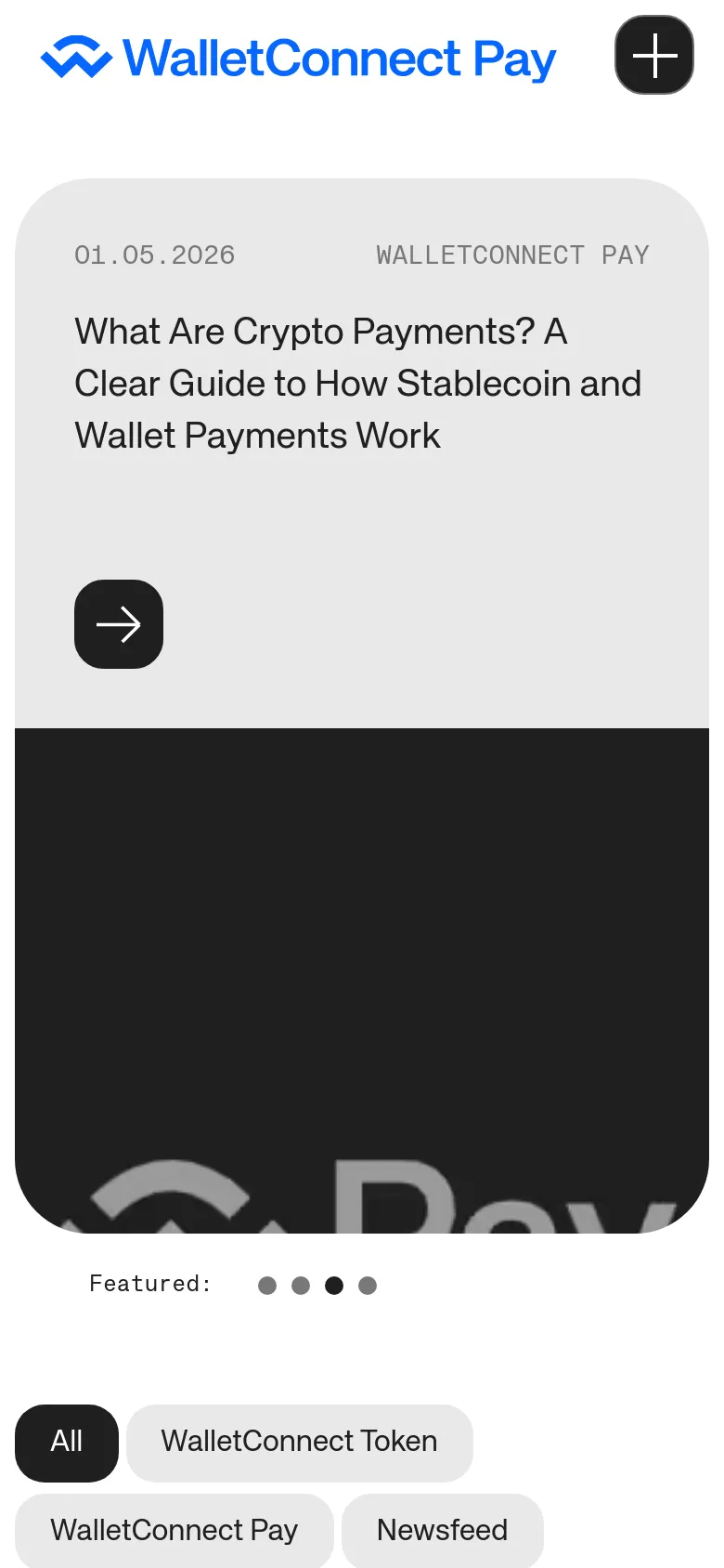 The mobile version of the blog page maintains the minimalist aesthetic but uses a vertical stack layout. The featured post headline and date appear at the top of a large card, followed by a dark image area, with the category filter buttons repositioned into a scrollable or wrapped horizontal list at the bottom.