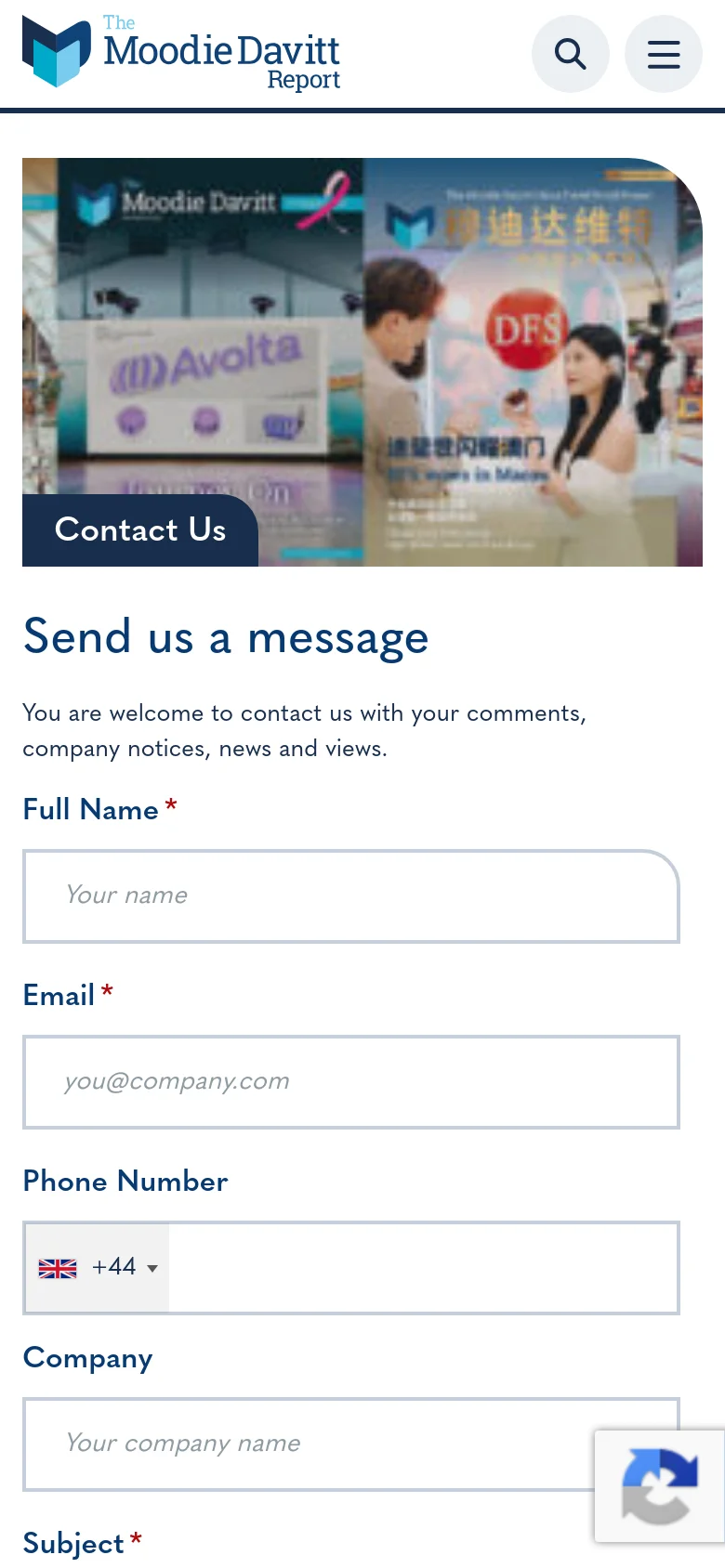 The mobile version simplifies the layout, stacking the elements vertically. The header features a condensed logo, a search icon, and a hamburger menu. The hero banner is scaled down, followed by the 'Send us a message' heading, the contact form fields, and social media icons arranged in a single column.