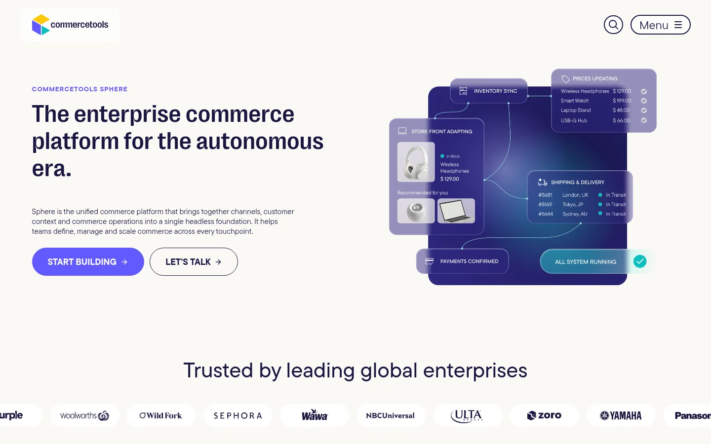 Desktop view of the commercetools Sphere landing page featuring a clean white background with a large headline about autonomous era commerce. The hero section includes a complex 3D graphic of floating digital interface cards showing inventory, pricing, and shipping data, alongside 'Start Building' and 'Let's Talk' buttons. A 'Trusted by leading global enterprises' section displays a horizontal row of brand logos like Sephora and NBCUniversal.
