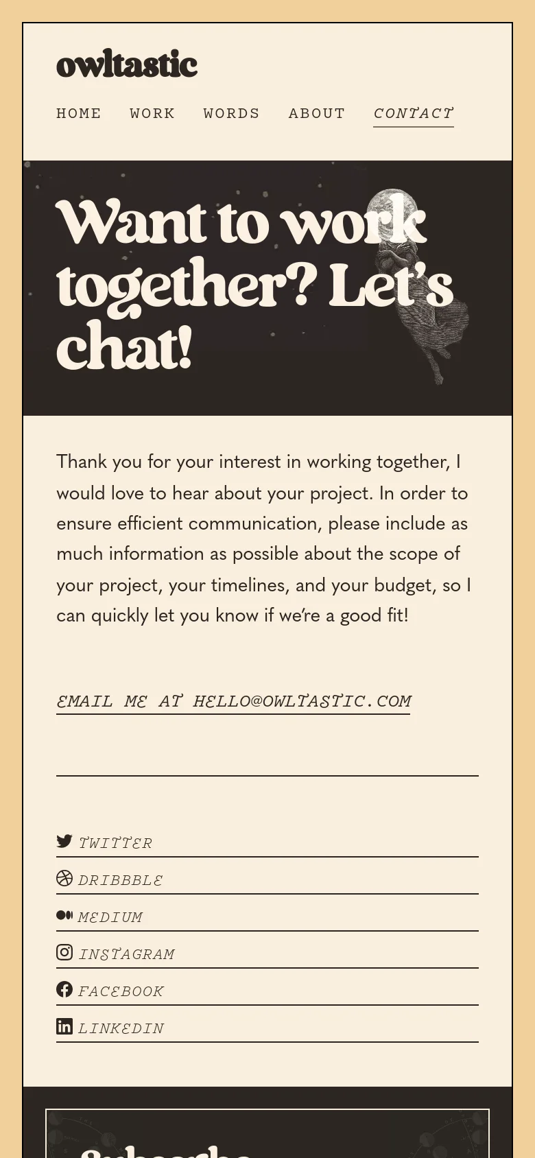 The mobile version uses a stacked layout where the 'owltastic' logo and navigation links are centered at the top. The dark hero section follows with the large headline and owl illustration, while the contact text and social media links are arranged in a single vertical column below it.