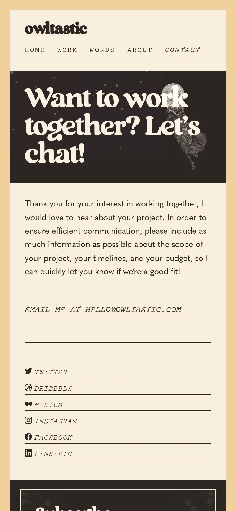 The mobile version uses a stacked layout where the 'owltastic' logo and navigation links are centered at the top. The dark hero section follows with the large headline and owl illustration, while the contact text and social media links are arranged in a single vertical column below it.