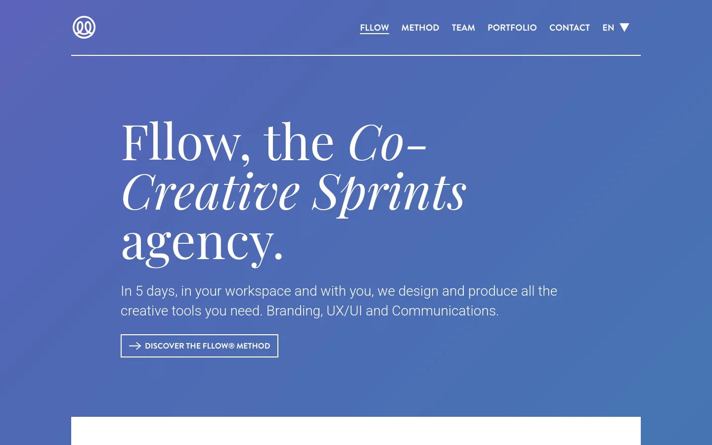 The desktop homepage features a minimalist design with a large blue hero section containing the headline 'Fllow, the Co-Creative Sprints agency' and a call-to-action button to discover the method. A white navigation bar at the top includes the agency logo on the left and links for Method, Team, Portfolio, Contact, and a language selector on the right. The layout uses elegant serif typography against a solid blue background.