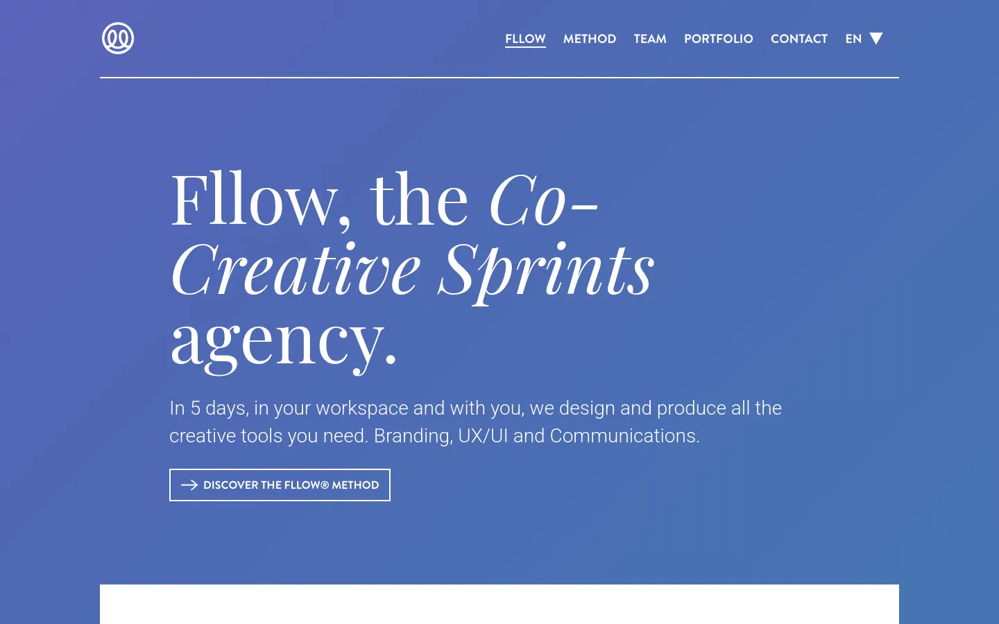 The desktop homepage features a minimalist design with a large blue hero section containing the headline 'Fllow, the Co-Creative Sprints agency' and a call-to-action button to discover the method. A white navigation bar at the top includes the agency logo on the left and links for Method, Team, Portfolio, Contact, and a language selector on the right. The layout uses elegant serif typography against a solid blue background.