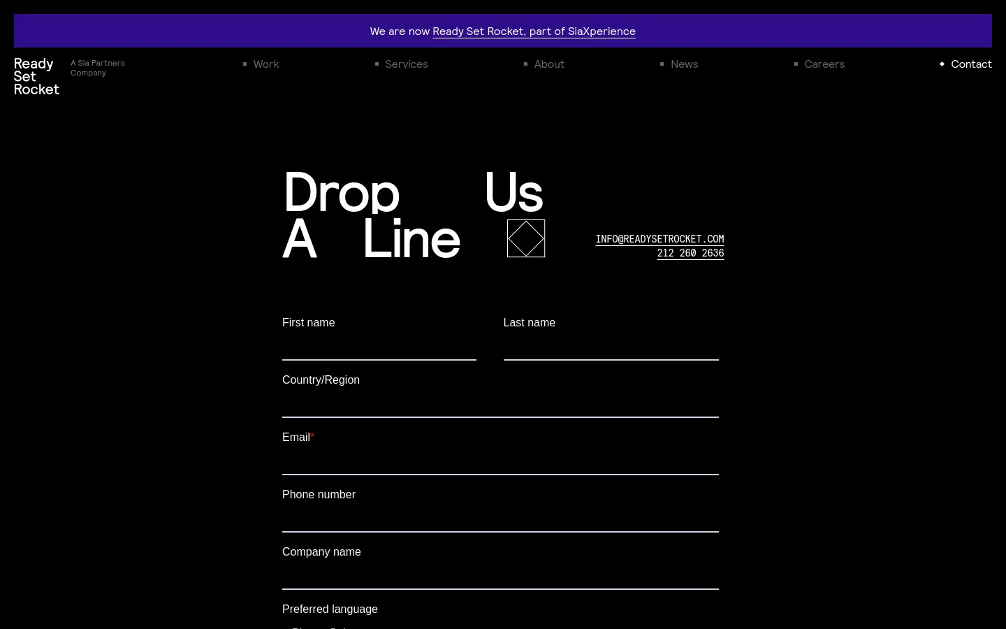 The desktop contact page features a dark theme with white text and a large headline reading 'Drop Us A Line'. A contact form with fields for name, country, email, and phone is centered below, flanked by an email address and phone number link. A purple announcement banner at the top states the company is now part of SiaXperience.