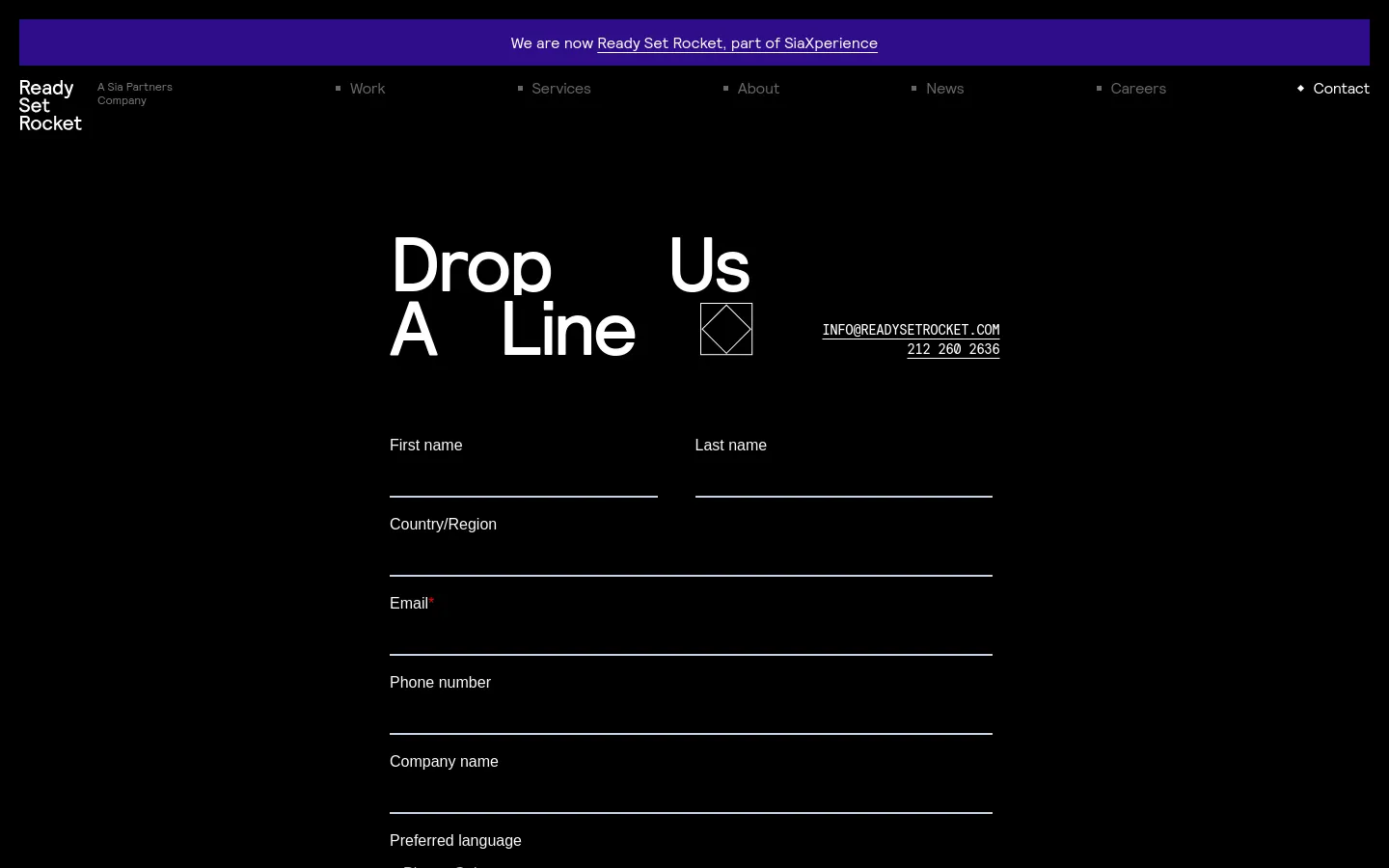 The desktop contact page features a dark theme with white text and a large headline reading 'Drop Us A Line'. A contact form with fields for name, country, email, and phone is centered below, flanked by an email address and phone number link. A purple announcement banner at the top states the company is now part of SiaXperience.