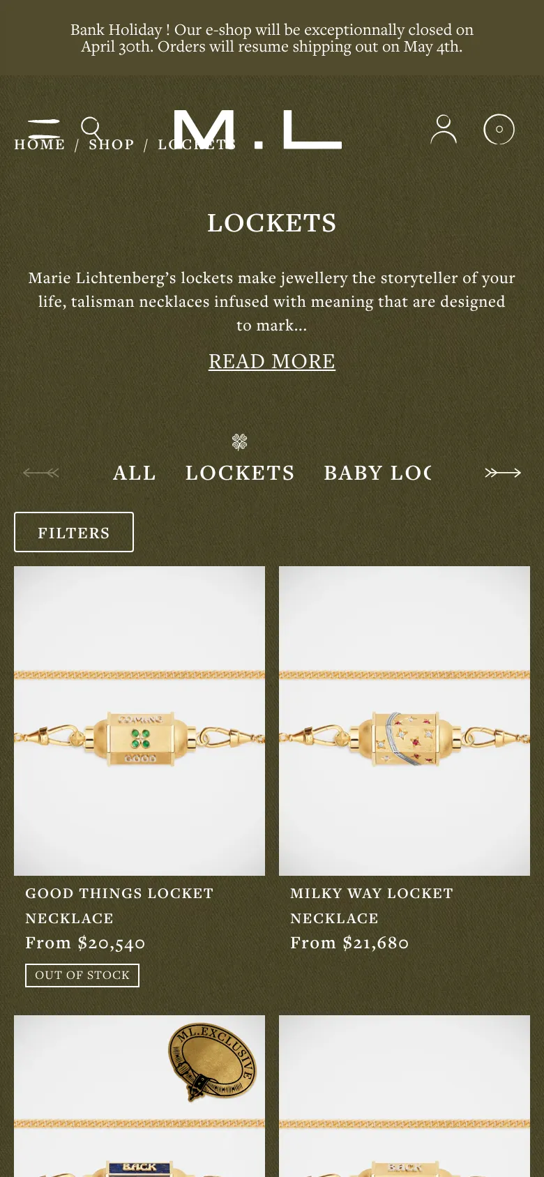 The mobile version uses the same dark olive green color scheme but features a simplified layout. The header includes a hamburger menu, search icon, brand initials 'M.L', a user profile icon, and a shopping cart, while the product grid displays larger, single-column images of the gold lockets.