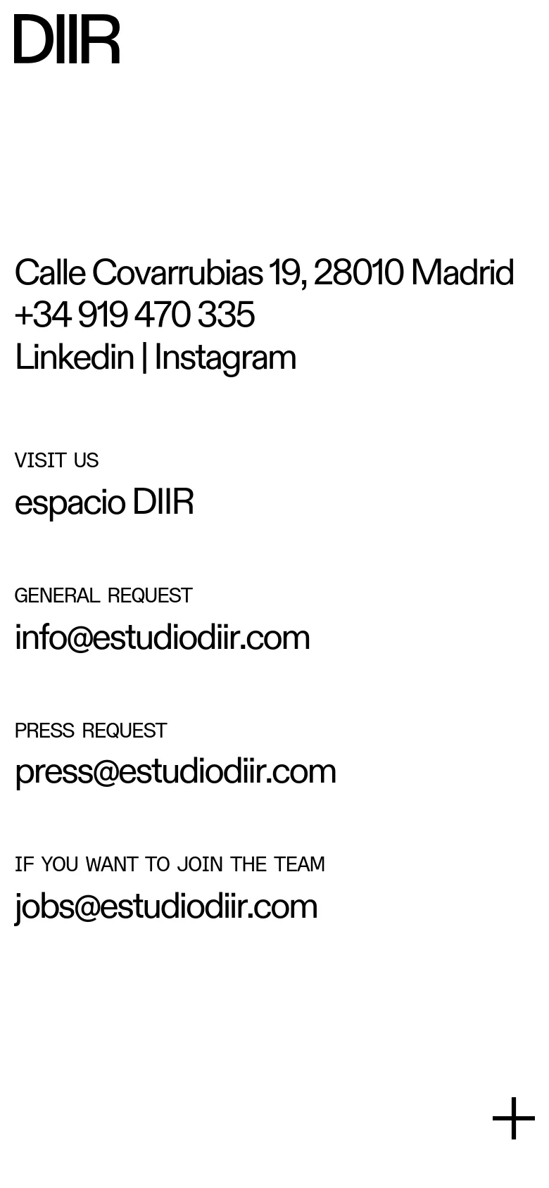 The mobile version presents a simplified vertical layout with the DIIR logo at the top and contact information stacked below. The large architectural image from the desktop version is removed to prioritize text readability, and a large plus icon appears in the bottom right corner.