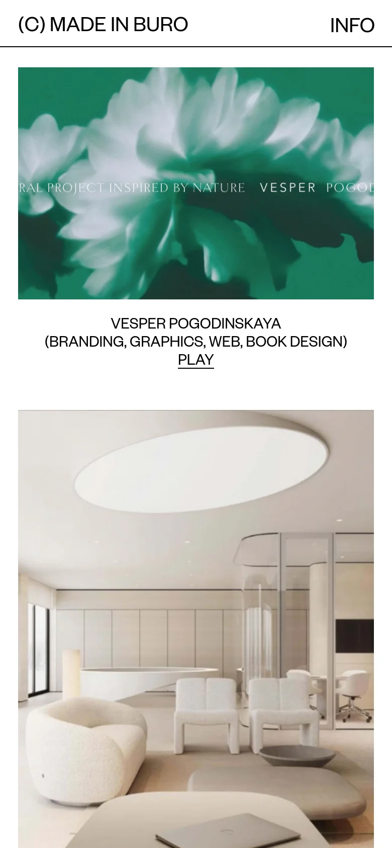 The mobile version presents a vertically stacked layout with the blurred floral imagery serving as the background. The branding and navigation links are positioned at the top, while the project title and service descriptions are centered in the middle of the screen. The interface is simplified for vertical scrolling, focusing on the large-scale visual and the 'PLAY' call to action.