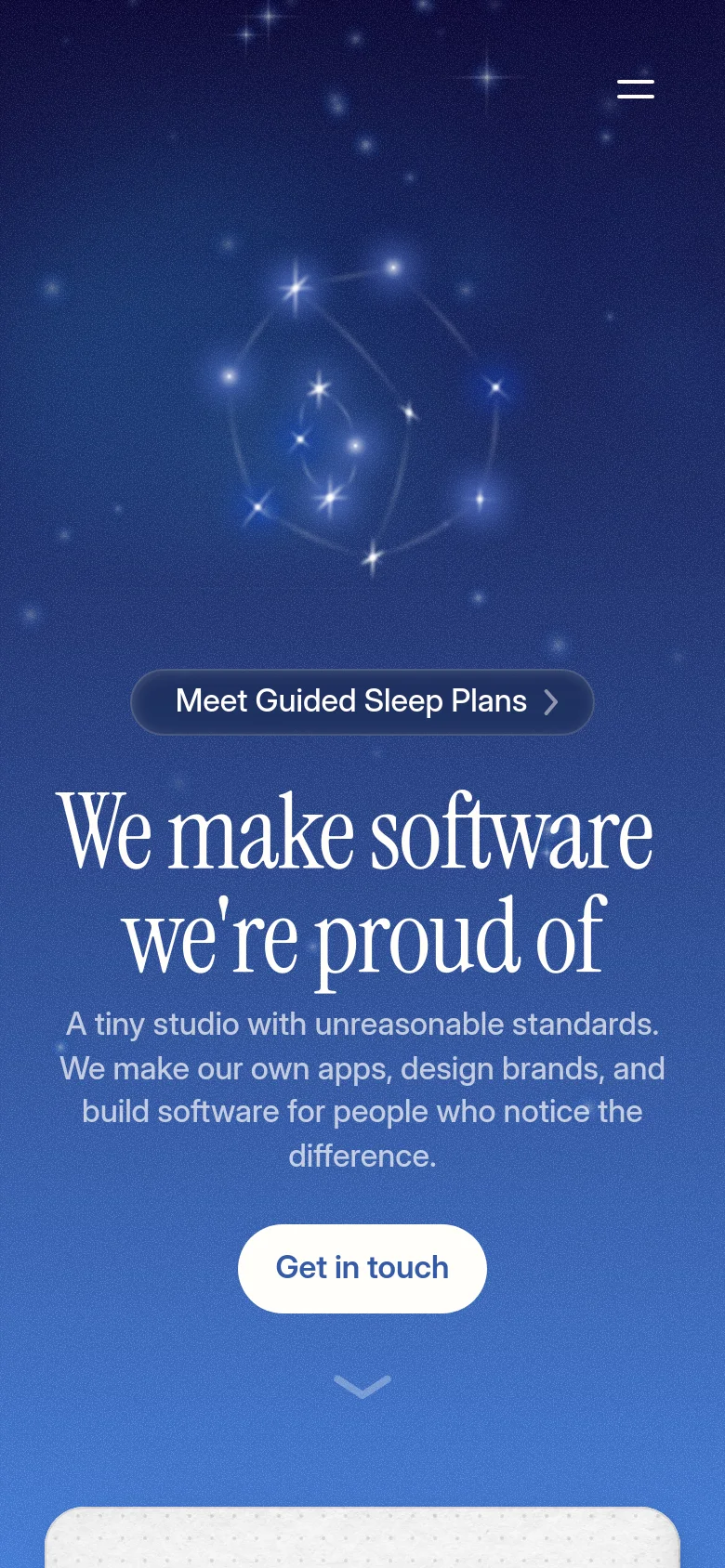 The mobile version maintains the dark blue starry background but uses a simplified layout with a hamburger menu icon at the top right. The celestial graphic, headline, description, and primary call-to-action buttons are stacked vertically to fit the narrow screen.