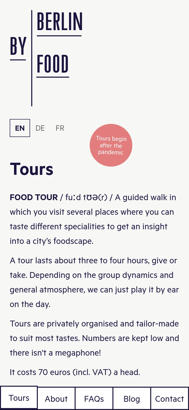The mobile version presents a single-column vertical layout optimized for small screens. The 'Tours' heading and introductory text appear at the top, followed by a pink circular badge, with the tour content and navigation buttons stacked vertically below.