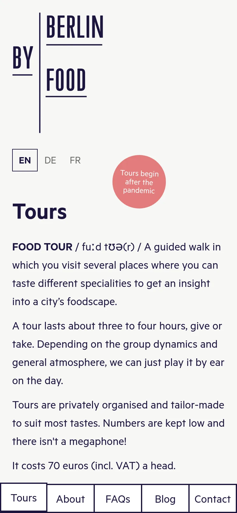 The mobile version presents a single-column vertical layout optimized for small screens. The 'Tours' heading and introductory text appear at the top, followed by a pink circular badge, with the tour content and navigation buttons stacked vertically below.