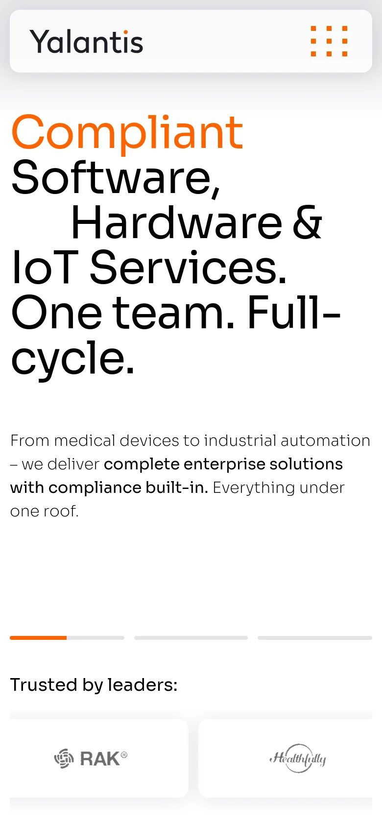 The mobile version presents a simplified vertical layout with the Yalantis logo and a hamburger menu at the top. The large headline dominates the screen, followed by a descriptive paragraph and a 'Trusted by leaders' section with large, centered client logos. The abstract orange dotted pattern is less prominent to accommodate the narrow viewport.