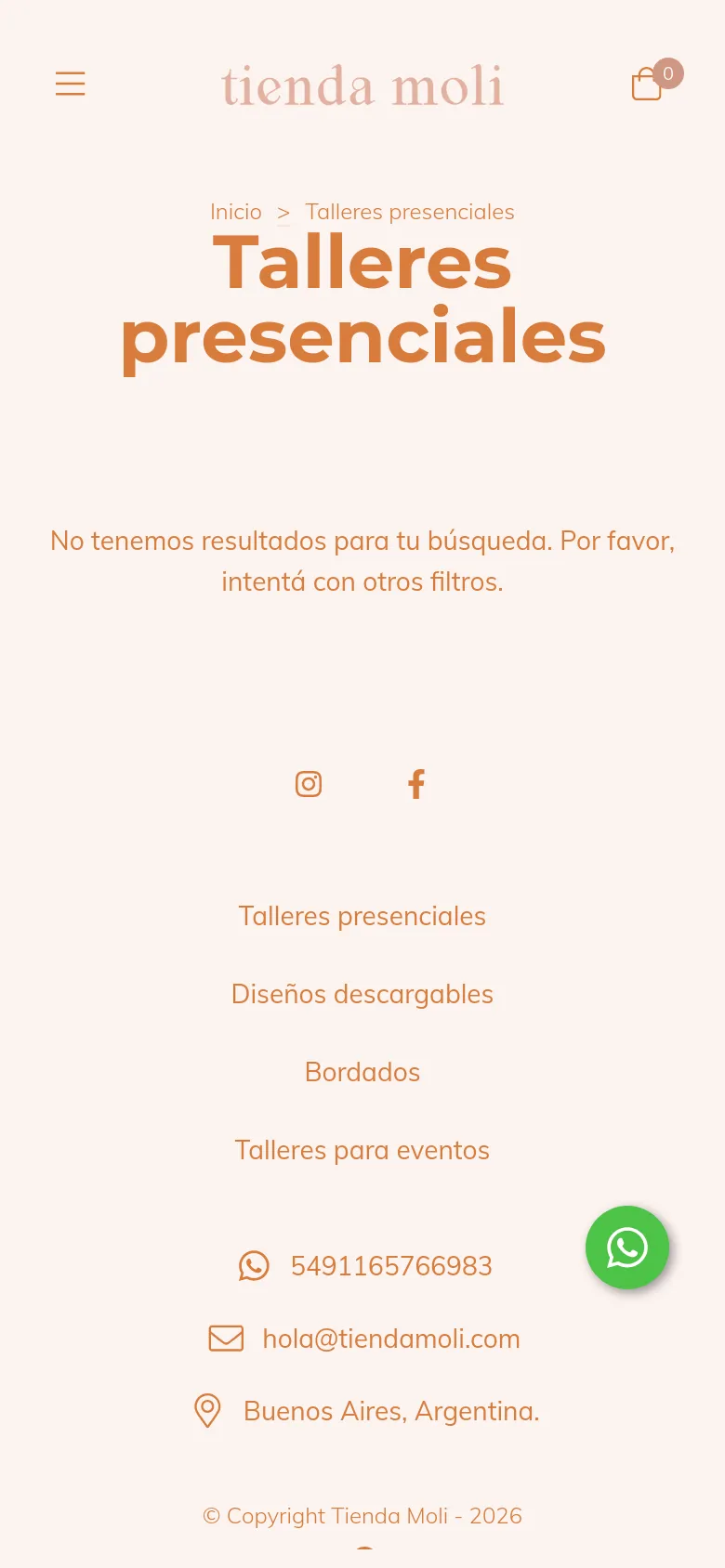 The mobile version presents a vertically stacked layout with the same cream and terracotta color scheme. The large 'Talleres presenciales' headline and 'no results' message are centered, while the navigation menu and footer links are simplified for a smaller screen. A prominent green WhatsApp floating action button is visible at the bottom right.