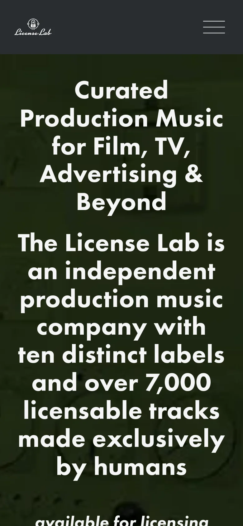 The mobile version uses a simplified layout with a dark header containing the logo and a hamburger menu icon. The hero section features large, centered white typography over a dark, moody background image, emphasizing the company's mission and track count.