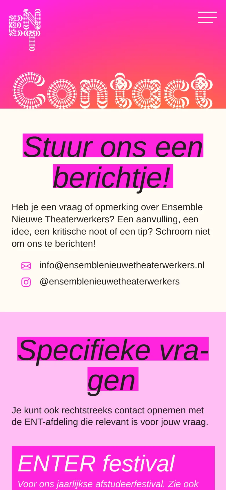 Ensemble Nieuwe Theaterwerkers Contact mobile website screenshot