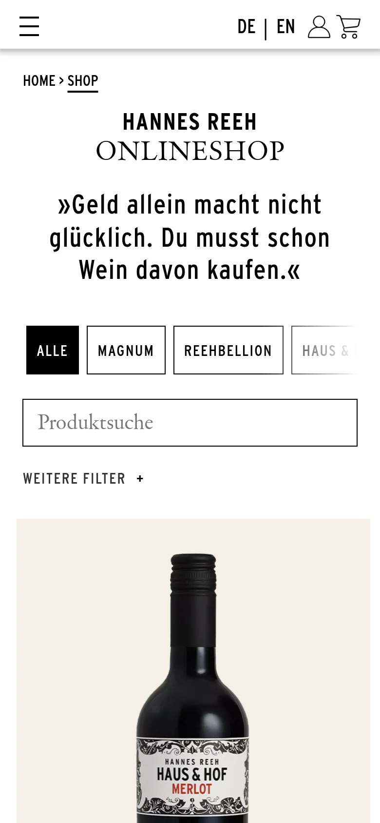 The mobile version presents a vertically stacked layout optimized for small screens, with the 'Hannes Reeh Onlineshop' title and quote centered at the top. The category buttons and search bar are arranged in a single column or wrapped rows, and the product grid transitions to a single-column view to showcase large images of wine bottles.