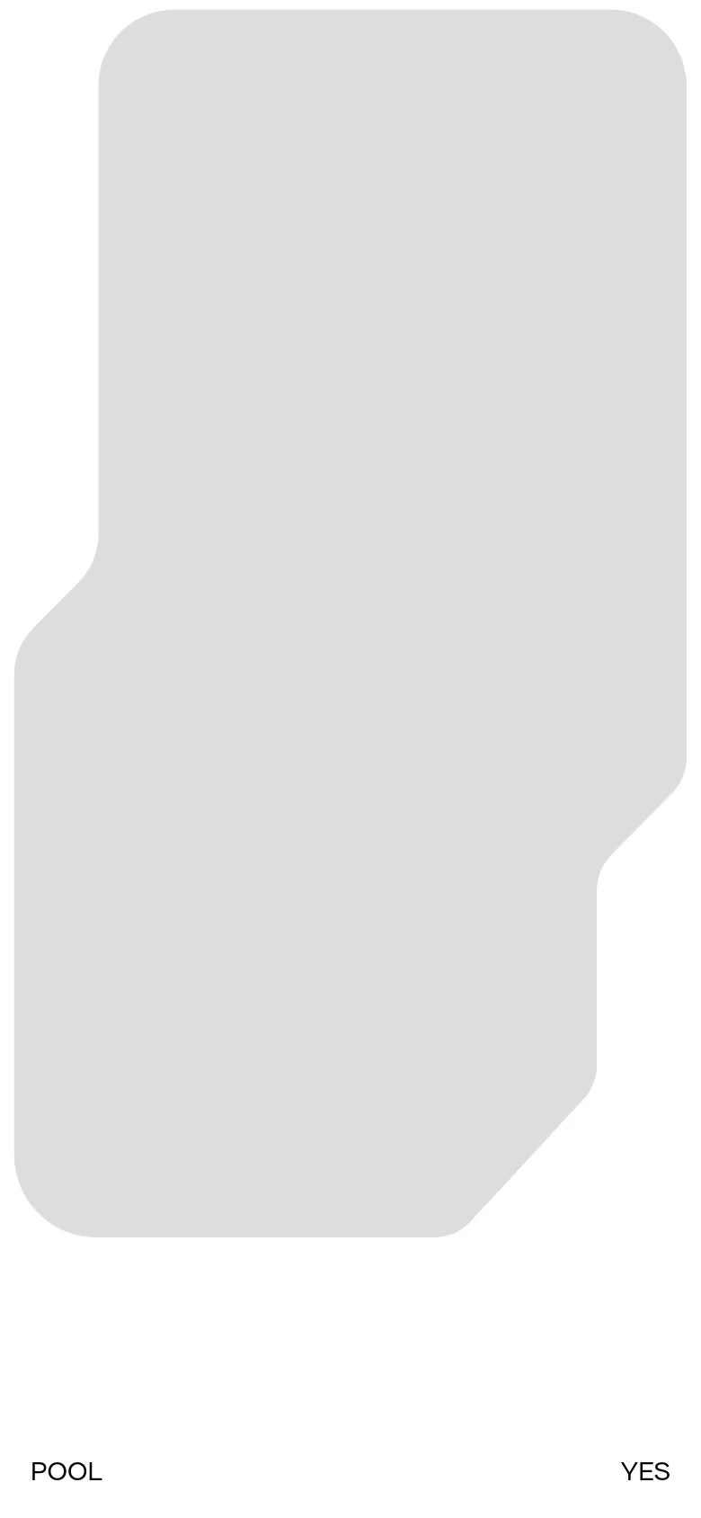 The mobile version maintains the minimalist aesthetic with a white background and black text at the bottom. The large, light gray geometric shape is rearranged into a vertical orientation to fit the narrow screen aspect ratio.