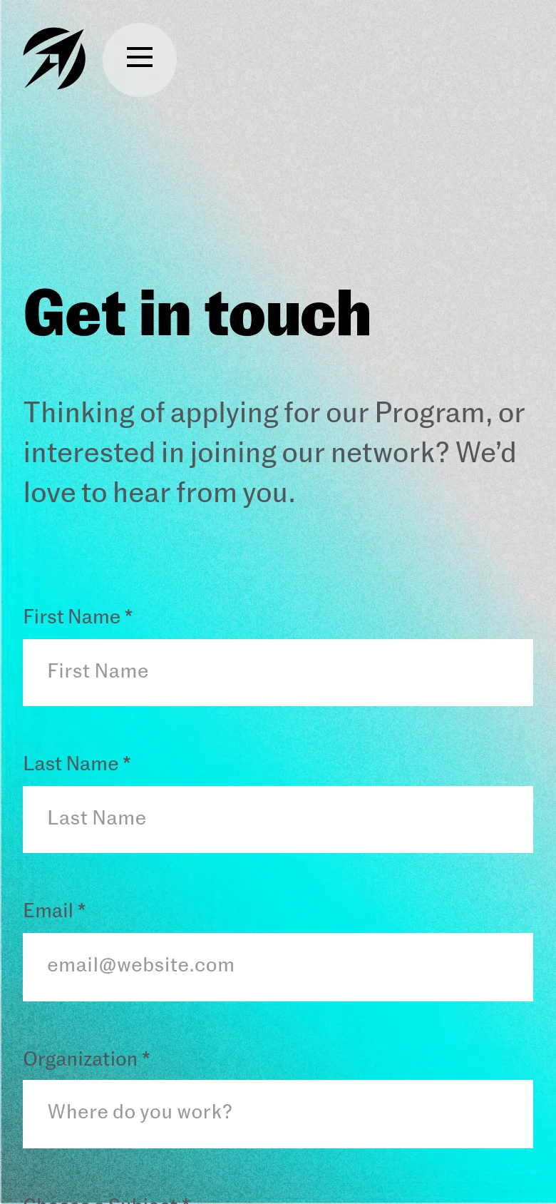 The mobile version simplifies the layout into a single vertical column, placing the 'Get in touch' headline and introductory text at the top. The contact form fields, including First Name, Last Name, Email, and Organization, follow below in a stacked format. The top navigation is replaced by a hamburger menu icon next to the SpaceFounders logo.